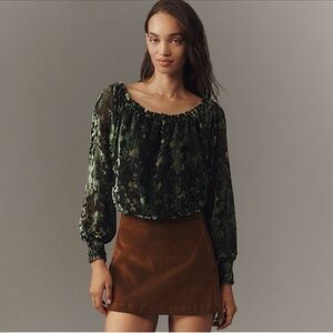 NWT By Anthropologie Off-Shoulder Burnout Velvet Blouse Green Black Size Small